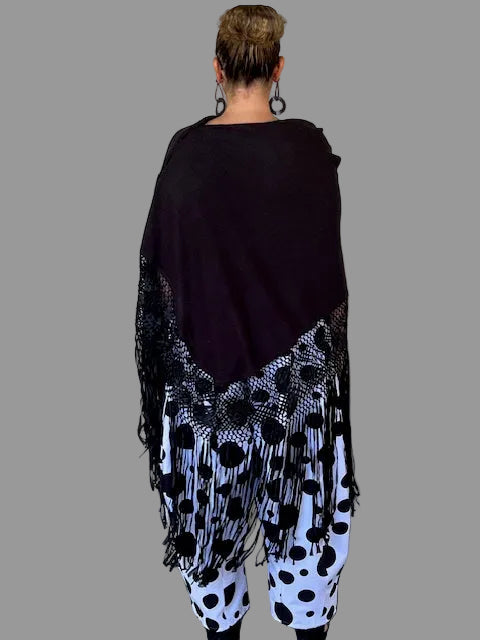 Black Silk and Cashmere Poncho with hand made macrame border
