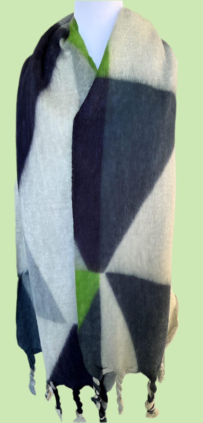 Cashmere Silk Blend Geometric Scarf or Wrap ( green ,navy grey )