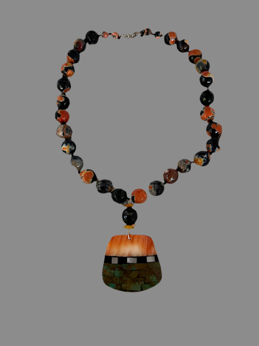 Black and Orange Agates with a Calabaza Santo Domingo Pendant