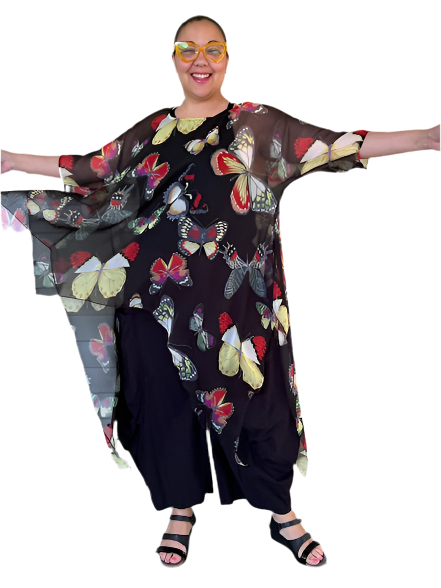 DTH Hi Lo Black 100% Silk Chiffon Butterfly Overlay