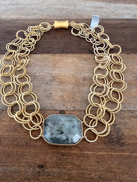 Two Strand Gold Rings Necklace With Jasper