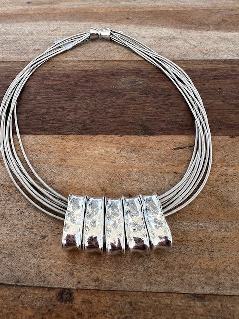 Multi Strand Silver Necklace With Hand Hammered Silver Loops