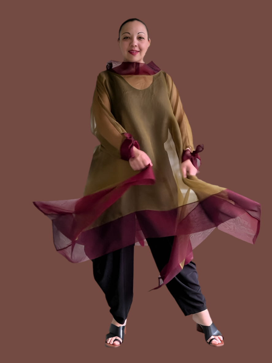 DTH 100% Silk Organza Long Tie-Back Top - Bronze/Maroon