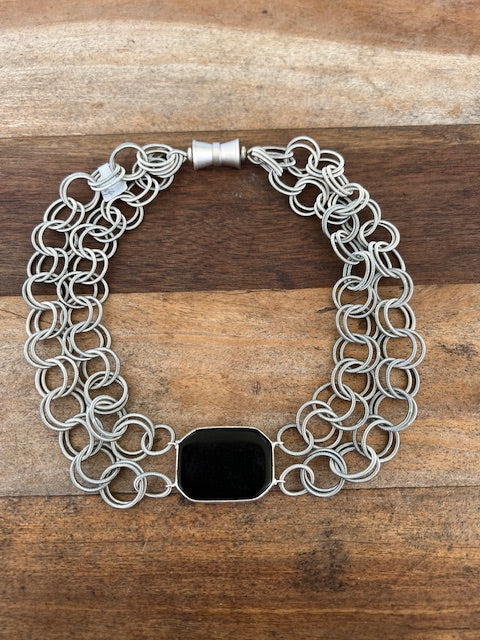 Two Strand Silver Rings Necklace Black Pendant