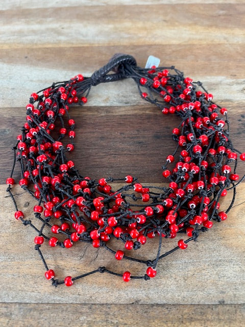 Multi Strand Red Glass Bead Necklace
