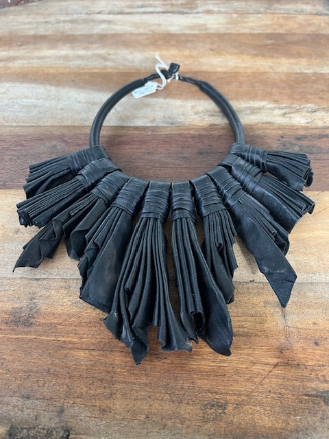 Black Leather Strips Necklace From Mali