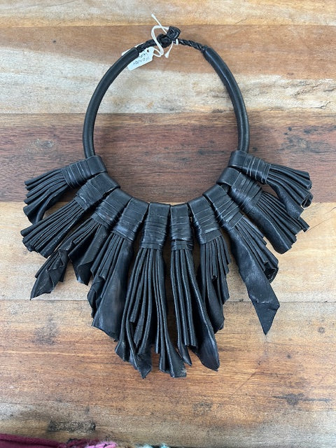 Black Leather Strips Necklace From Mali
