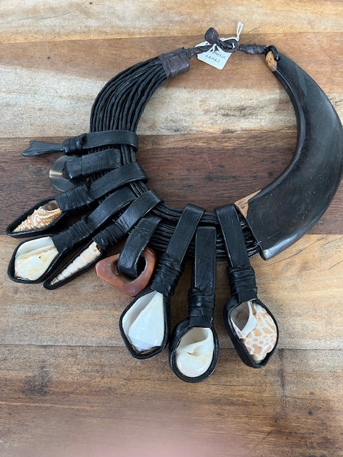 Black Leather, Horn, Shell, and Wood Necklace