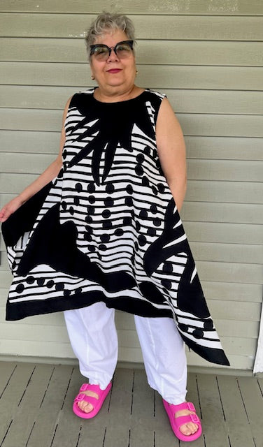 DTH Dots & Stripes Sleeveless Waterfall Top (Black and White)