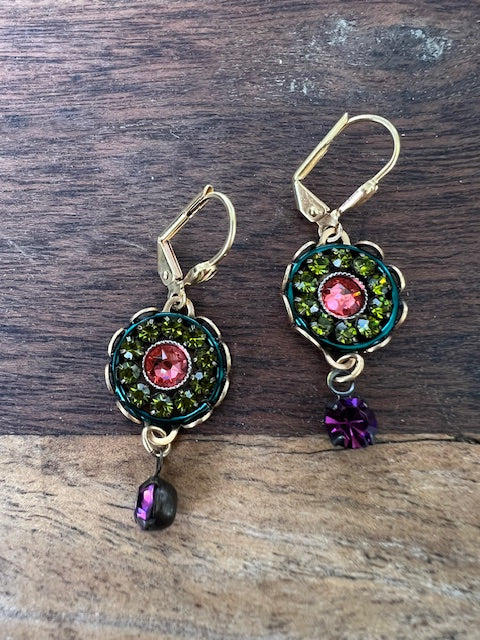 Swarovski Crystal Lever Back Green Clusters With Pink Center Stone