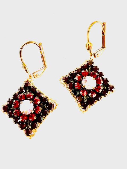 Swarovski Crystal Diamond Shape Earrings (Red With Pink )