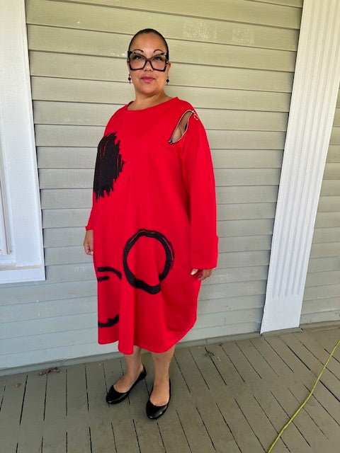 Zipper Shoulder Red Sweatshirt Dress