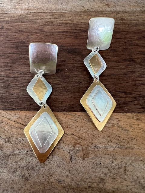 Mixed Metals Diamond Shape Drop Earrings (Clips)