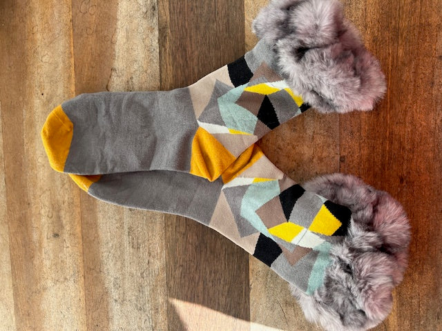 Silk Blend Faux Fur Socks -Grey & Yellow