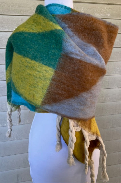 Cashmere Silk Blend Geometric Scarf or Wrap ( lime.turquoise.brown)