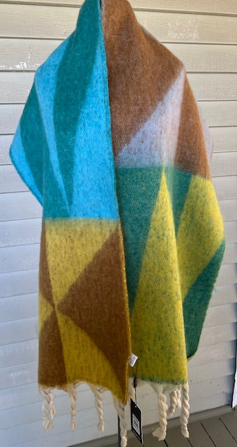 Cashmere Silk Blend Geometric Scarf or Wrap ( lime.turquoise.brown)