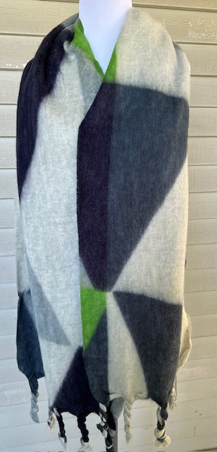 Cashmere Silk Blend Geometric Scarf or Wrap ( green ,navy grey )