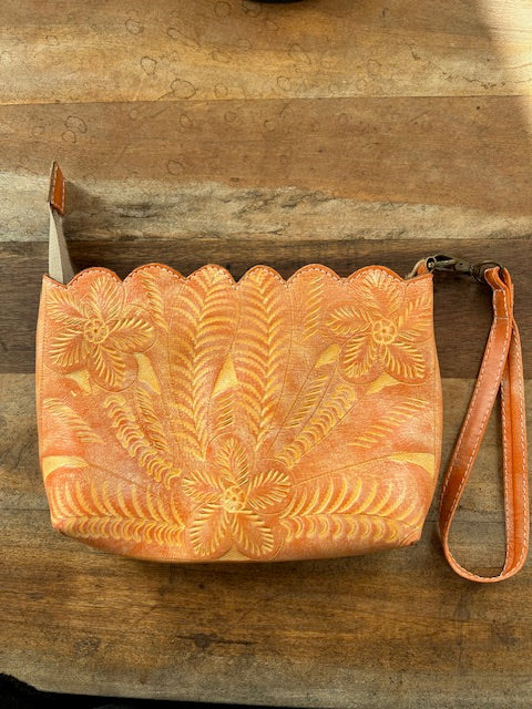 Leather Hand Tooled Wristlet Bag (Natural Peach)