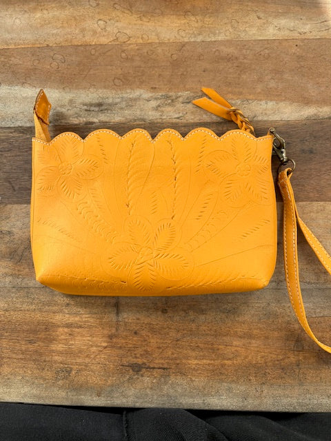 Leather Hand Tooled Wristlet Bag (yellow)