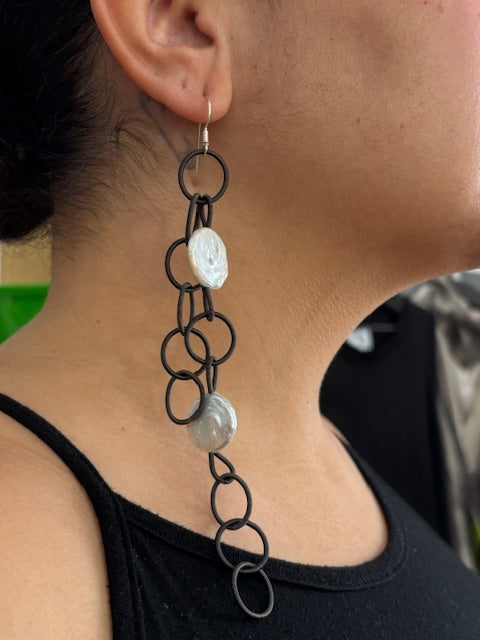 Long Piano Wire And Pearl Earrings