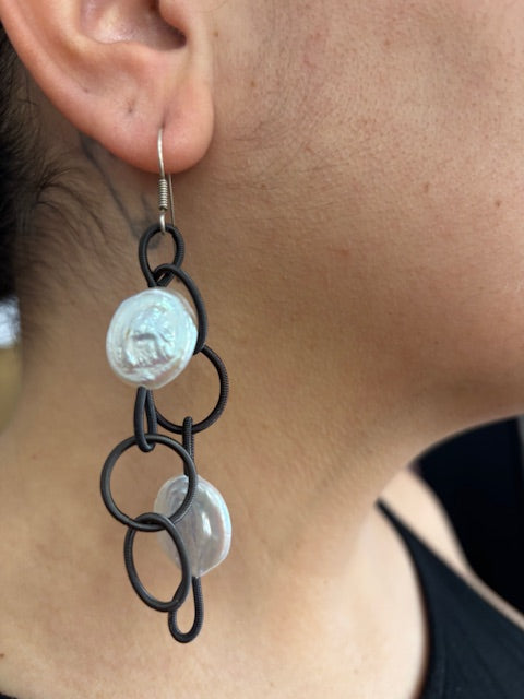 2 strand Piano Wire Pearl Earrings