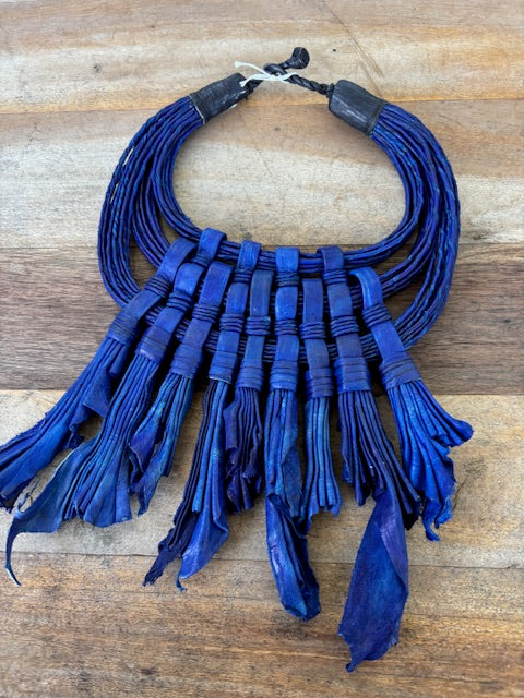 Hand Made Mali Leather Necklace In Cobalt Blue