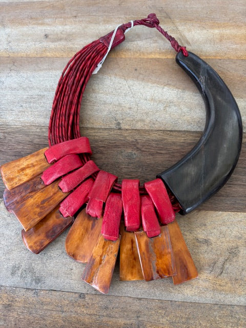 Red Leather And Horn And Ebony Necklace