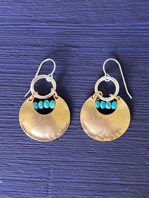 Brass Titanium and Turquoise Cutout Disc French Wire Earrings