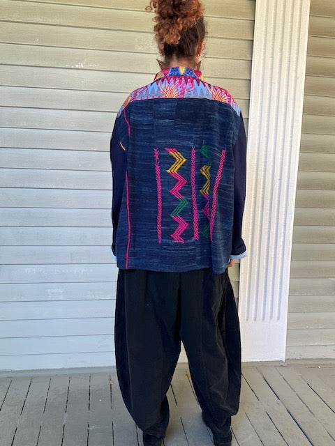 Boxing kitten Dorothy Work Jacket ( Ankara antique Indigo Guatemala textile)