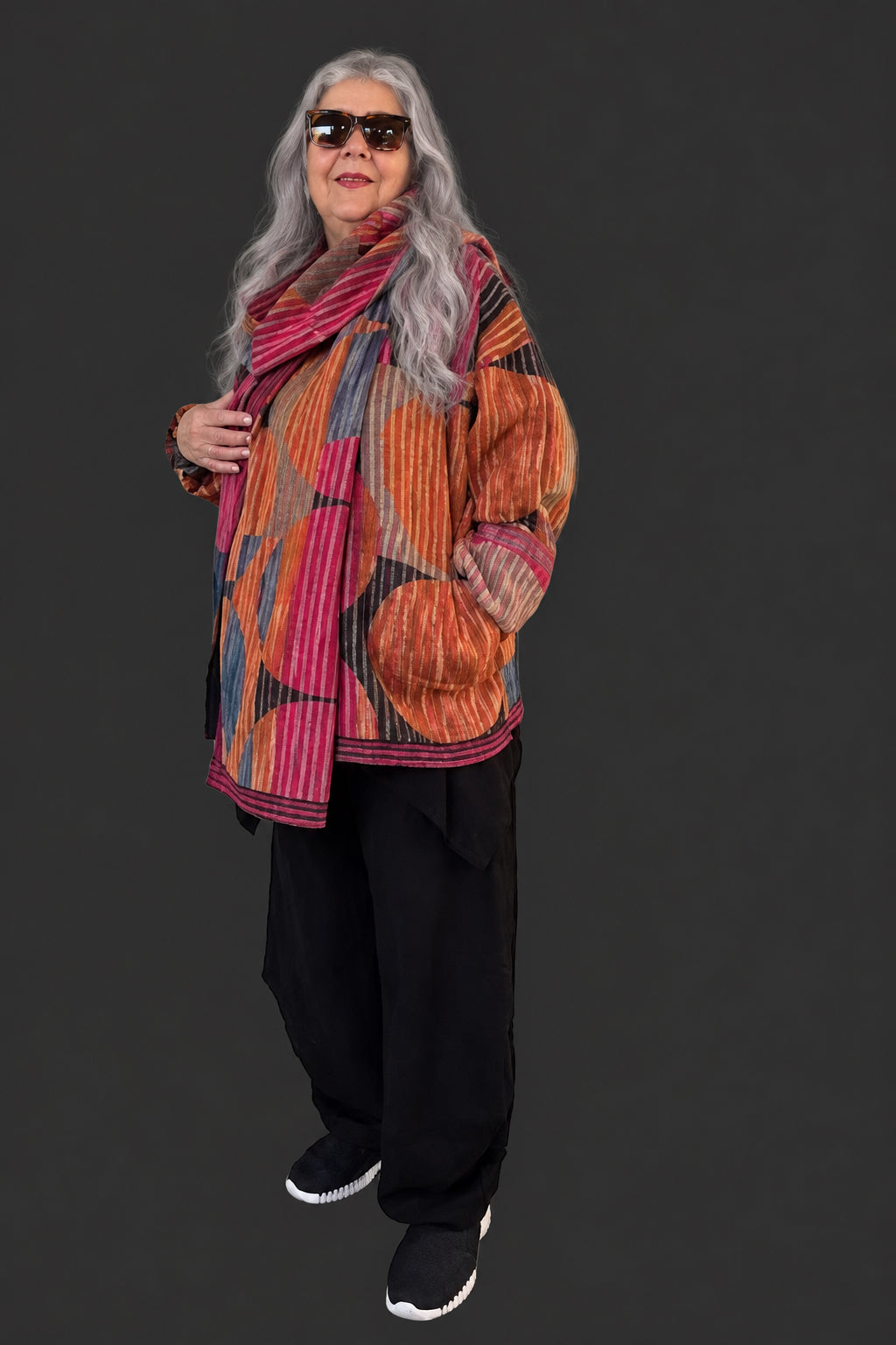 Mixed Stripe Cotton Wool Jacket With Attached Scarf