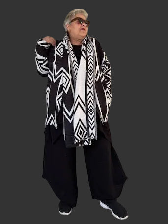 Geometric Black And White jacket With Attached Scarf