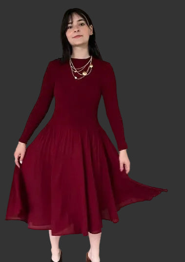 Pleats Dress In Wine Red