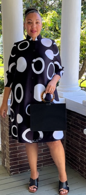 Vanite Couture Black Pleated Dress with Dots and Circles