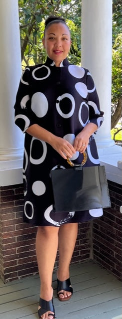 Vanite Couture Black Pleated Dress with Dots and Circles