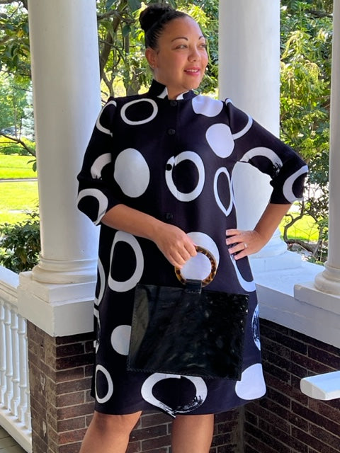 Vanite Couture Black Pleated Dress with Dots and Circles