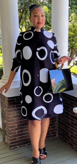 Vanite Couture Black Pleated Dress with Dots and Circles
