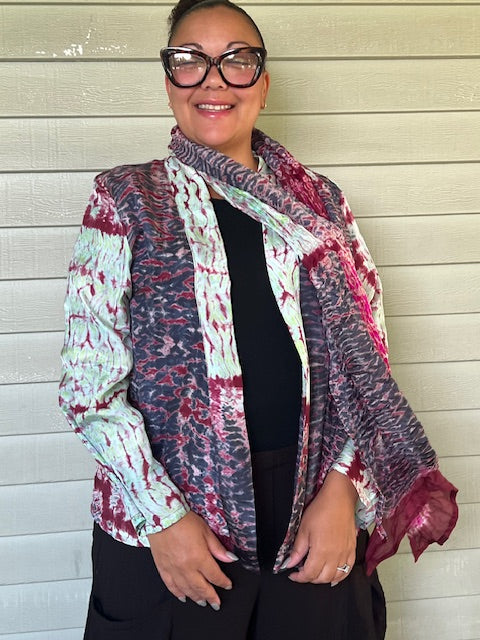 Shibori Hand Dyed Jacket (Wine)100% tissue silk with matching scarf