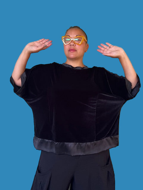 DTH Stretch Velvet Top with 2 inch Silk Trim On Hem