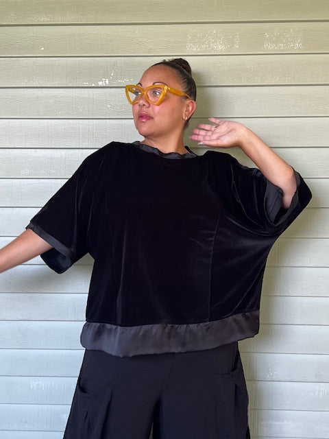 DTH Stretch Velvet Top with 2 inch Silk Trim On Hem