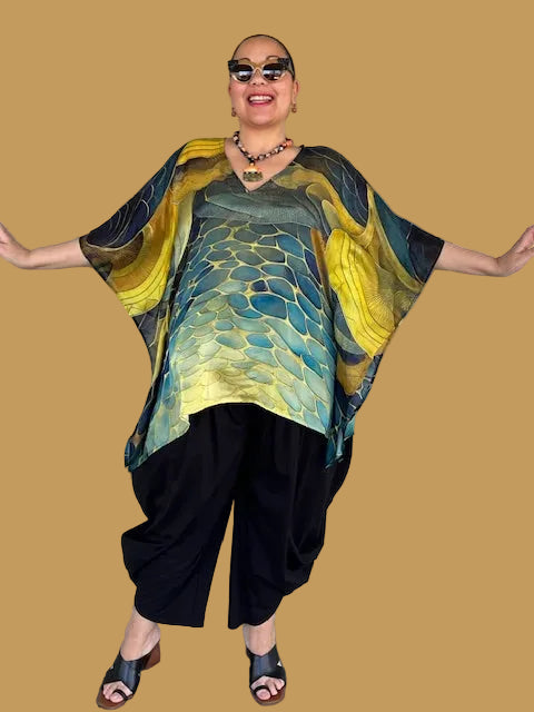 100% Silk Watercolor Kaftan (Green/Gold or Orange/Gold)