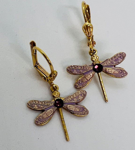 Small Swarovski Dragonfly Lever Back Earrings (Pink)
