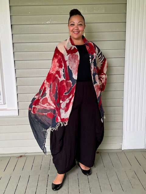 100% Wool Floral Scarf (Red)