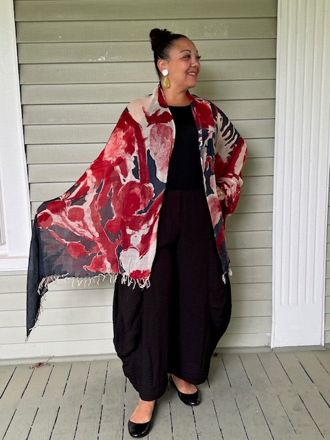 100% Wool Floral Scarf (Red)