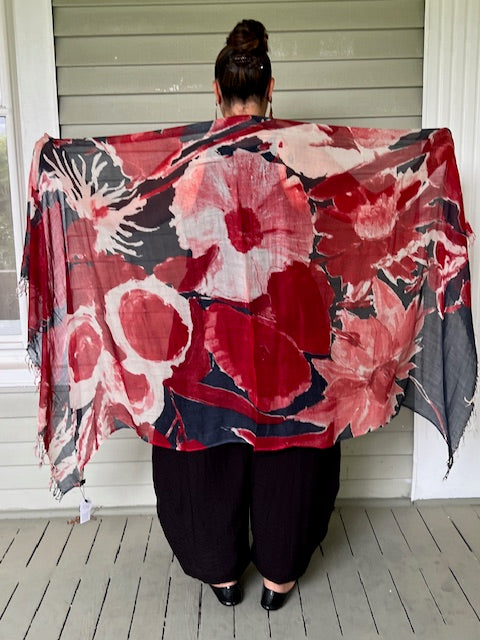 100% Wool Floral Scarf (Red)