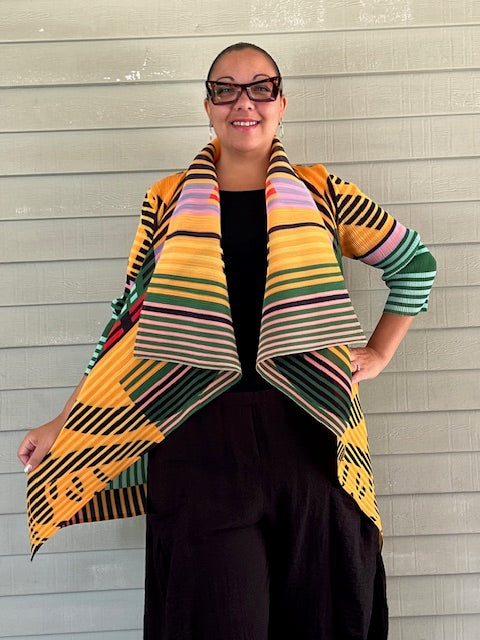 Vanite Couture Pleated Bright Striped Jacket (Blue/Yellow, Green/Yellow, Pink/Blue)