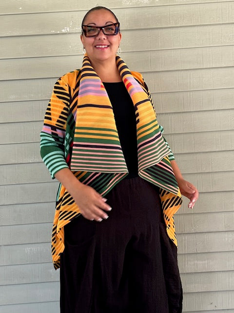Vanite Couture Pleated Bright Striped Jacket (Blue/Yellow, Green/Yellow, Pink/Blue)