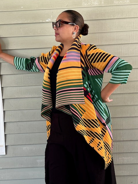 Vanite Couture Pleated Bright Striped Jacket (Blue/Yellow, Green/Yellow, Pink/Blue)