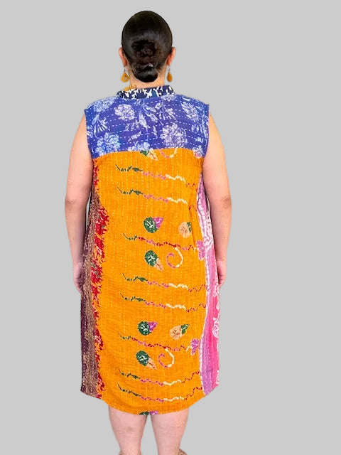 Reversible Kantha Sleeveless Up-Cycled Sari Dress