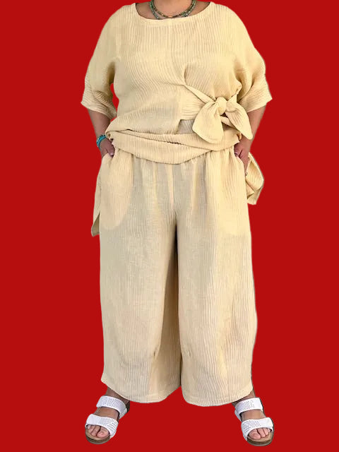 DTH Butter Colored Linen Silk Pleated Hem Pants