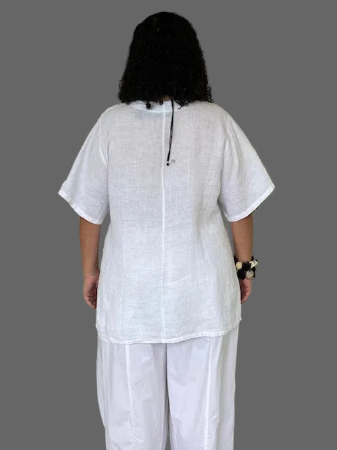 Transparent 100% Linen Short Sleeved Circle Pocket Top